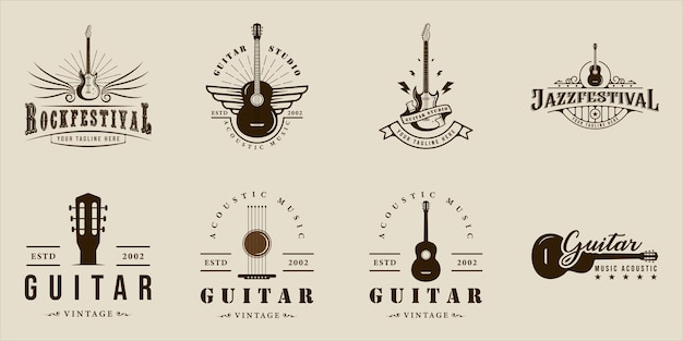 Conjunto de guitarra logo vintage vector ilustración plantilla icono diseño gráfico paquete colección de instrumento de música acústica y eléctrica signo o símbolo para banda de guitarrista o negocio de tienda
