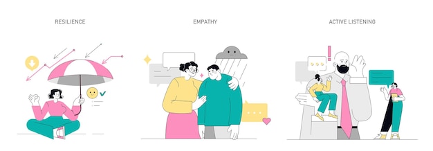 Conjunto de habilidades blandas ilustración de la resiliencia, la empatía y la escucha activa en un entorno laboral
