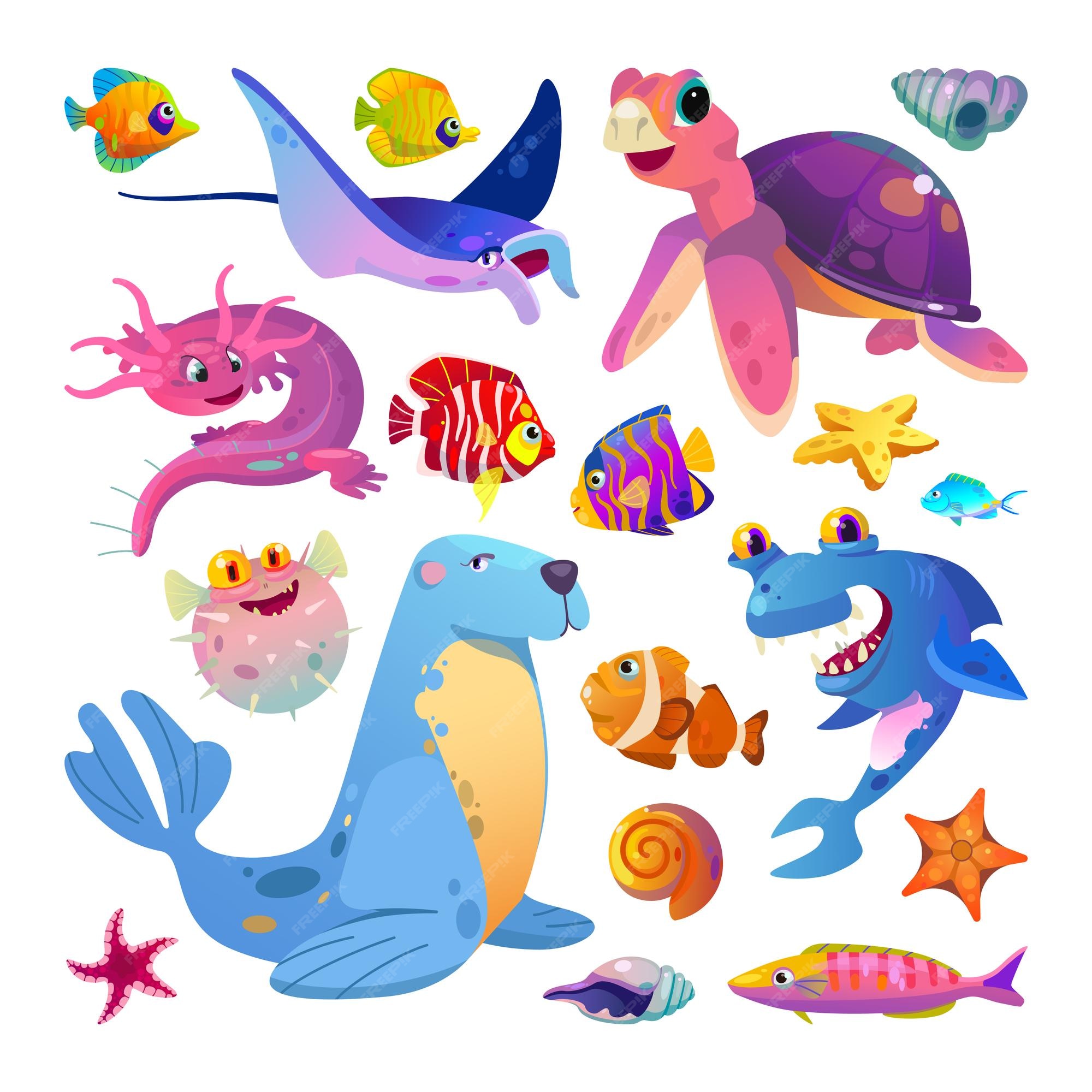 Conjunto de habitantes de dibujos animados marinos animales marinos exóticos y peces | Vector Premium Conjunto de habitantes de dibujos animados marinos animales marinos exóticos y peces | Vector Premium