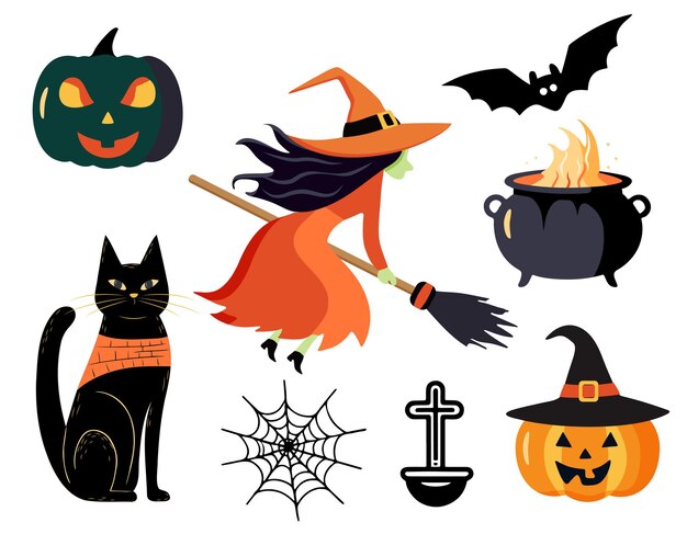 Conjunto de Halloween bruja calabaza murciélago gato personajes y elementos para Halloween al estilo de dibujos animados
