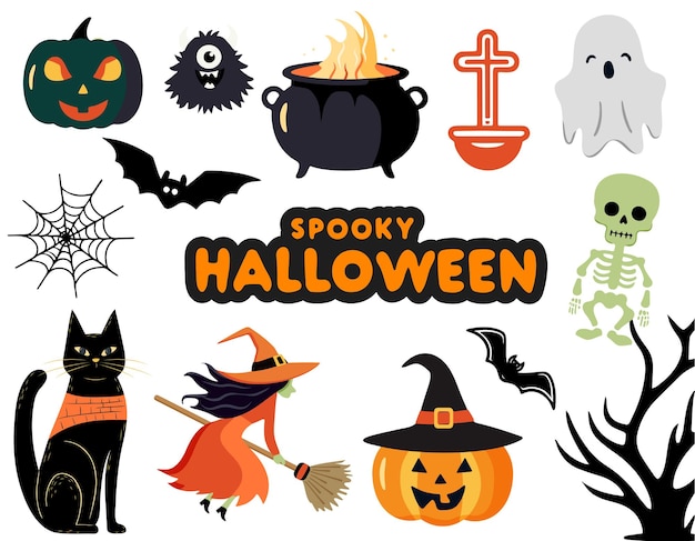 Conjunto de Halloween brujas calabazas fantasmas esqueleto Conjunto De personajes vectoriales y elementos para Halloween