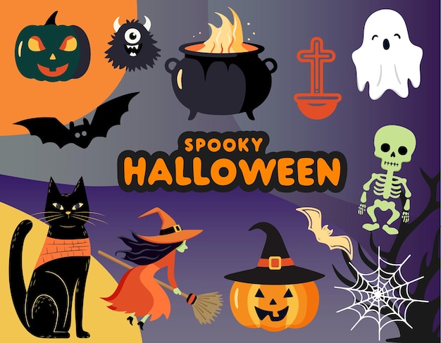 Conjunto de Halloween brujas calabazas fantasmas esqueleto Conjunto De personajes vectoriales y elementos para Halloween