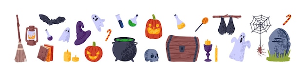 Conjunto de Halloween con calabaza fantasma linda y espeluznante con cara de murciélago y araña en la web Elementos para la fiesta de miedo de otoño Vacaciones de octubre Ilustración de vector plano de color aislado sobre fondo blanco