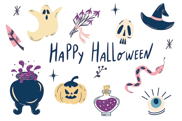 Conjunto de Halloween. Dibujar a mano elementos aislados de Halloween. Calabaza, fantasma, caldero, pociones, sombrero y magia. Ideal para accesorios de fiesta de Halloween, tarjetas de felicitación, logotipos, pegatinas. Ilustración vectorial de dibujos animados.