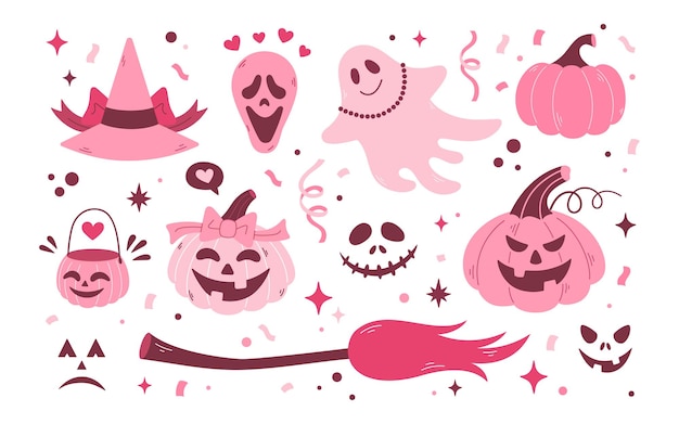 Conjunto de Halloween Iconos de vector rosa de dibujos animados Sombrero de espíritu de calabaza Escoba de linterna Jack Estilo de núcleo rosa de niñas