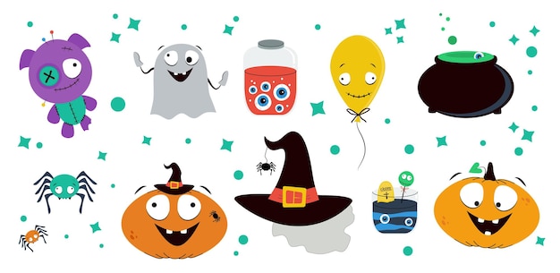 Conjunto de Halloween Rumpkin fantasma sombrero de bruja vacaciones de octubre elementos de diseño pegatinas Vector