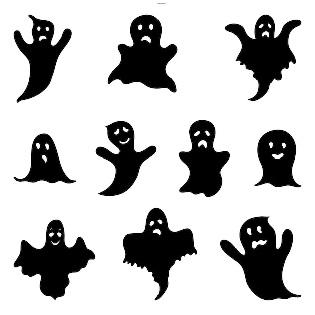 Conjunto de Halloween con siluetas de fantasmas sobre fondo blanco Estilo de dibujos animados Vector