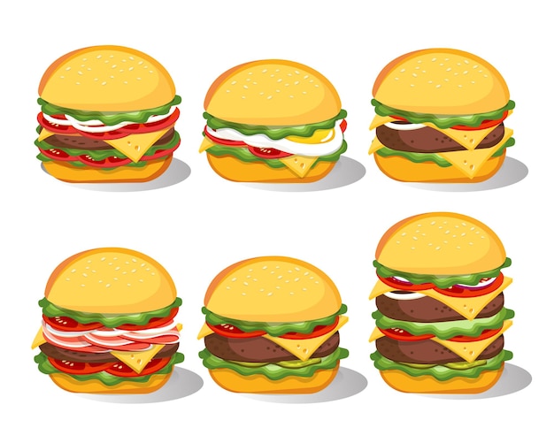Conjunto de hamburguesas de comida rápida aislado. Hamburguesa, hamburguesa con queso, hamburguesa de ternera.