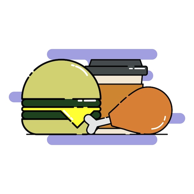 conjunto de hamburguesas cortadas pollo frito y café menú de comida rápida ilustración conjunto doodle estilo de dibujos animados plano