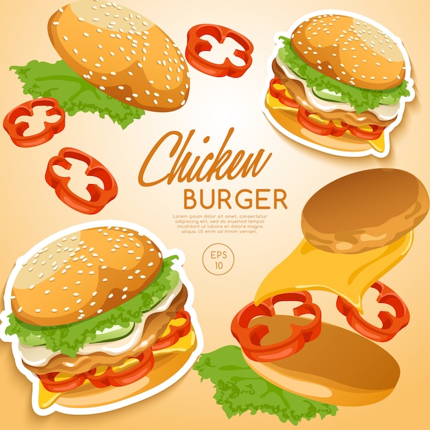 Conjunto de hamburguesas: hamburguesa negra con ingredientes: ilustración