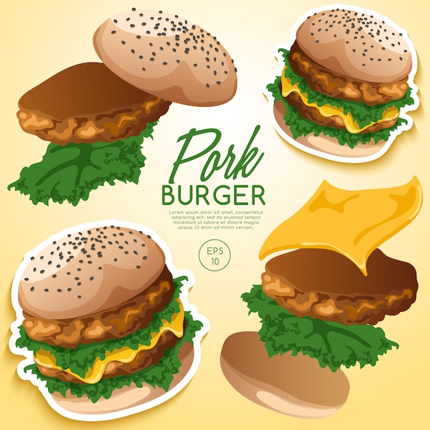 Vector conjunto de hamburguesas: hamburguesa negra con ingredientes: ilustración