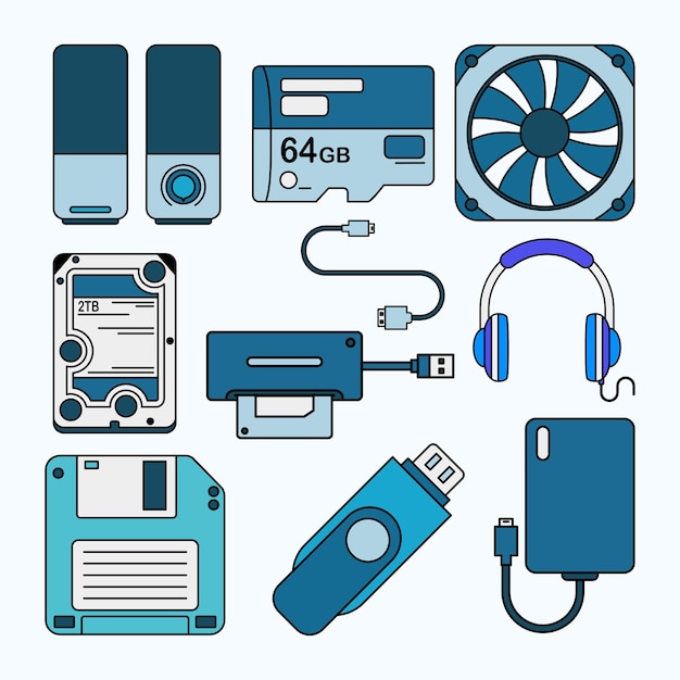 Conjunto de hardware de computadora Ilustración de línea plana simple