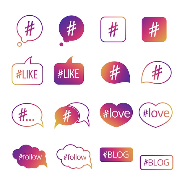 Conjunto de hashtag colorido de redes sociales