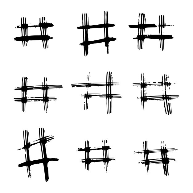 Conjunto de hashtag dibujado a mano. Icono de etiqueta hash aislado sobre fondo blanco. Ilustración vectorial