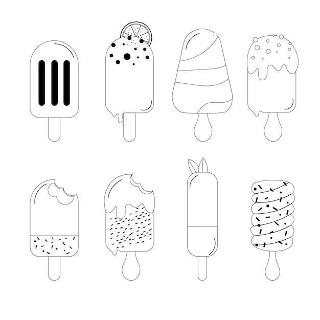 Un conjunto de helado de contorno dibujado a mano en un palo Diseño de garabato dibujado a mano