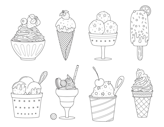 Conjunto de helado de contorno vectorial Comida dulce de verano Delicioso postre congelado Colección de diferentes tipos de helado Dibujado a mano doodle lineales ilustraciones en blanco y negro aisladas en blanco