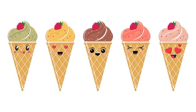 Conjunto de helado estilo kawaii conjunto de lindos iconos emoji personajes de dibujos animados emocionales dibujados a mano divertidos