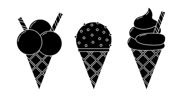 Conjunto de helado de glifo vectorial tres formas negras de postre frío dulce en blanco