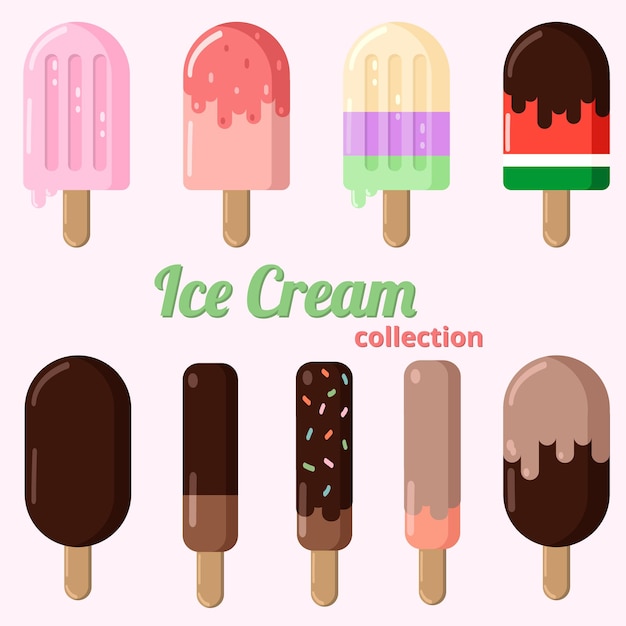 Un conjunto de helados de colores en un palo con salpicaduras y glaseado en diferentes formas Texto vectorial