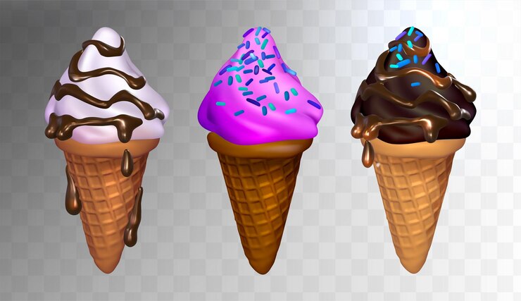 Vector conjunto de helados coloridos en 3d en conos de waffle aislados sobre un fondo transparente vector eps 10.