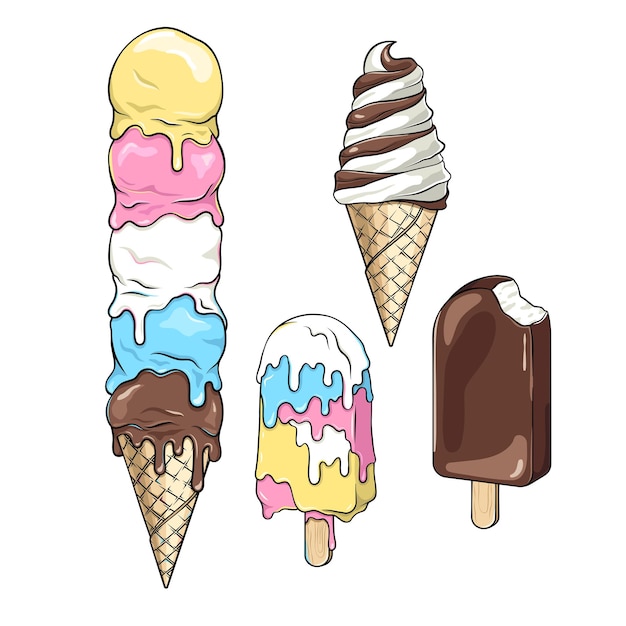 Conjunto de helados derretidos, dibujos vectoriales