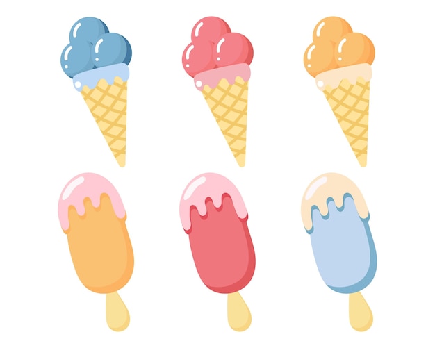 Un conjunto de helados dibujados en un palo y en conos de gofres. imprimir, ilustración de comida, postre, vector