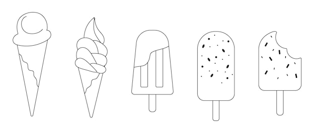 Conjunto de helados dulces aislados con conos en estilo de contorno en el dorso blanco para pegatinas de iconos