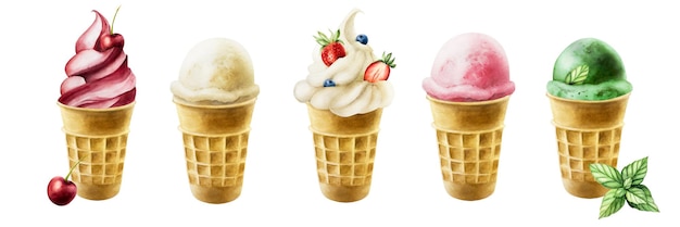 Conjunto de helados con fresa frambuesa cereza menta pistacho manzana leche arándano vainilla en c