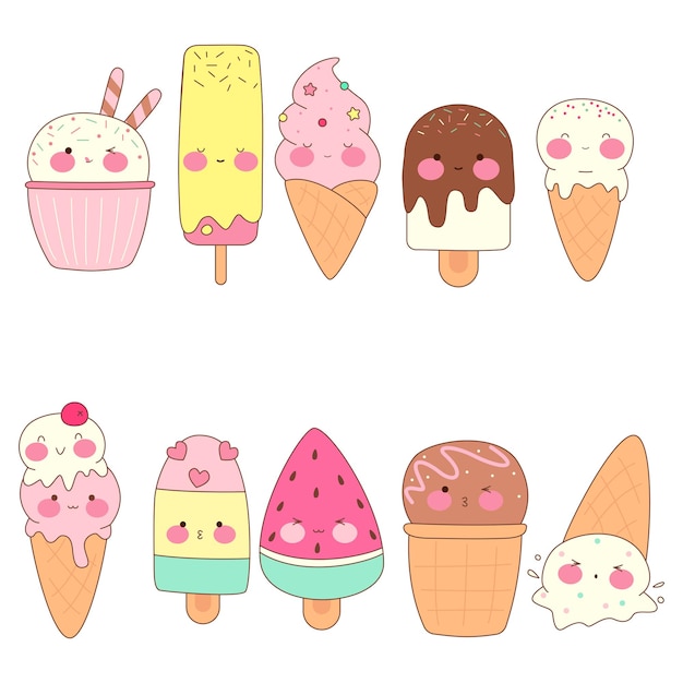 Vector conjunto de helados lindos postres de verano kawaii comida dulce con diferentes emociones