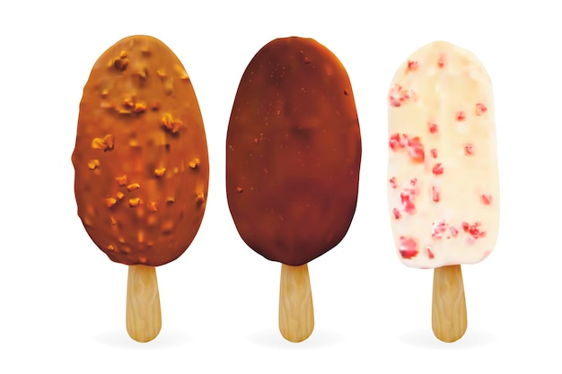 Conjunto de helados de paleta 3d detallados realistas Vector