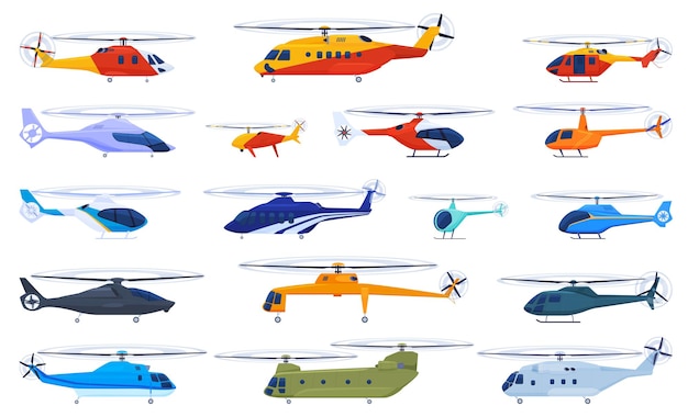 Conjunto de helicópteros sobre un fondo blanco.