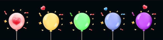conjunto de helio globos coloridos en rosa amarillo verde azul y púrpura con confeti y corazones