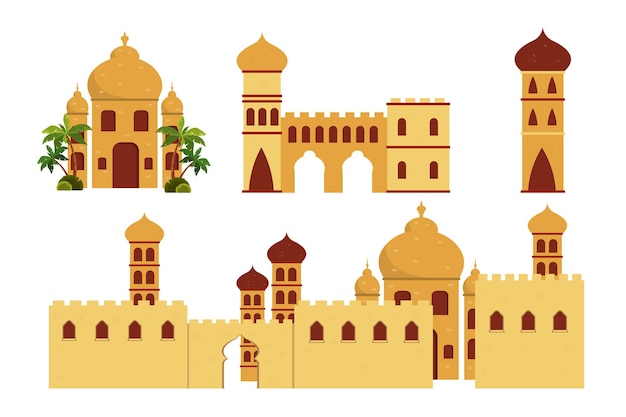 Conjunto de hermosa arquitectura islámica en estilo de dibujos animados Ilustración vectorial de varios edificios islámicos mezquitas castillos torres con palmeras verdes aisladas sobre fondo blanco