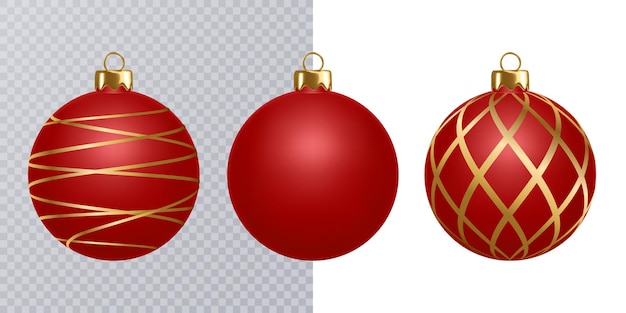 Conjunto de hermosa bola de Navidad roja realista con patrón abstracto aislado en blanco Vector