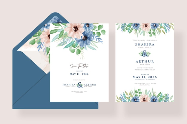 Conjunto de hermosa invitación de boda floral acuarela con diseño de plantilla de sobre azul