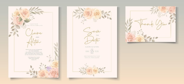 Vector conjunto de hermosa plantilla de invitación de boda floral de color suave