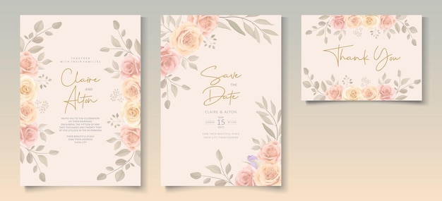 Conjunto de hermosa plantilla de invitación de boda floral de color suave