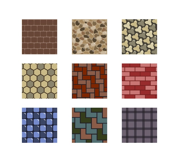 Conjunto de hermosas baldosas de construcción al estilo de dibujos animados Ilustración vectorial de baldosas de edificios de diferentes texturas y materiales adecuados para paredes pisos y caminos de la calle sobre fondo blanco
