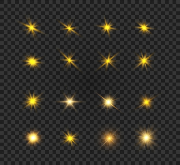 Conjunto de hermosas estrellas brillantes en una ilustración de fondo transparente.