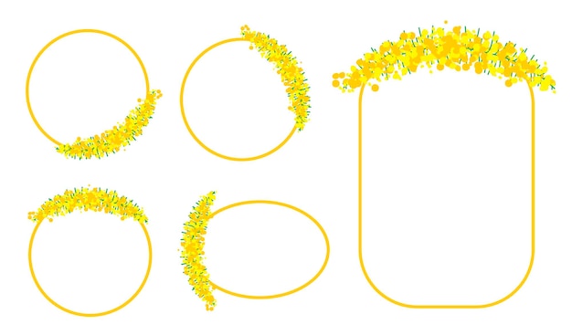 Conjunto de hermosas flores de acacia amarillas o hojas de inflorescencias en marcos con línea dorada