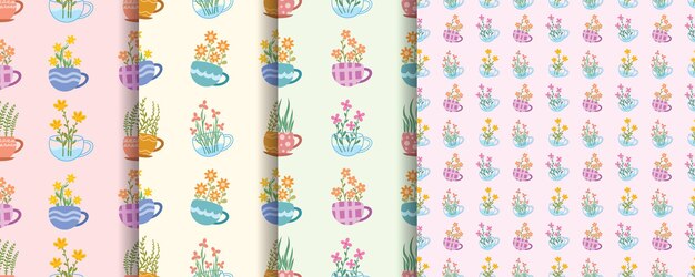 Conjunto de hermosas flores de patrones sin fisuras con taza de té decorada