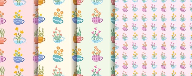 Vector conjunto de hermosas flores de patrones sin fisuras con taza de té decorada