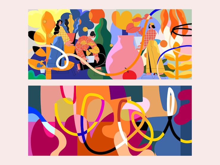 Vector conjunto de hermosas flores y plantas abstractas arte de líneas de garabateo geométrico colorido fondo vectorial