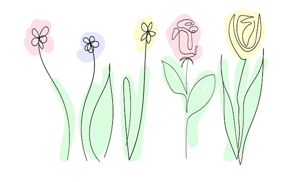 Conjunto de hermosas flores de primavera sobre fondo blanco, una línea continua de color de arte de contorno negro