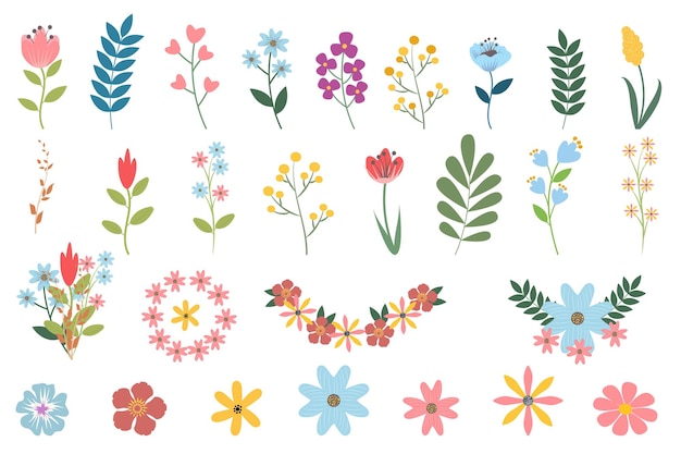 Conjunto de hermosas flores de primavera y verano, hojas de plantas para crear ramos de flores dibujados a mano