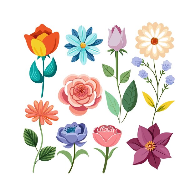 Un conjunto de hermosas ilustraciones vectoriales de estilo plano de flores