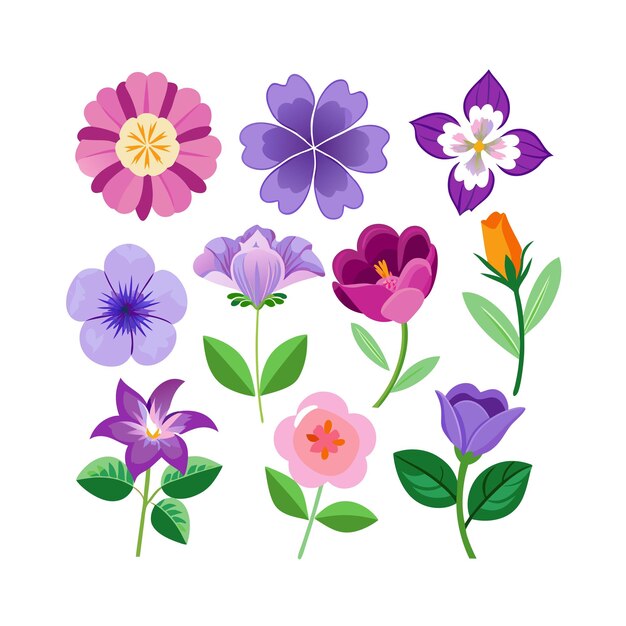Un conjunto de hermosas ilustraciones vectoriales de estilo plano de flores