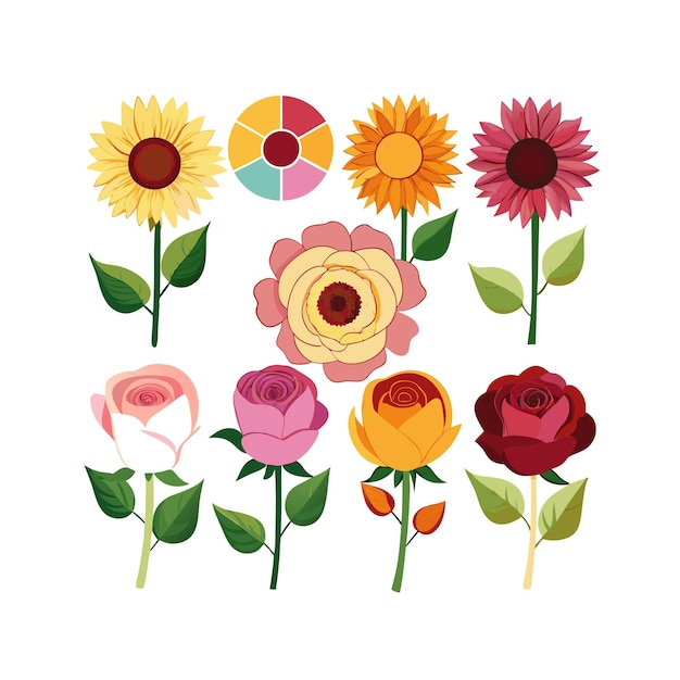 Un conjunto de hermosas ilustraciones vectoriales de estilo plano de flores