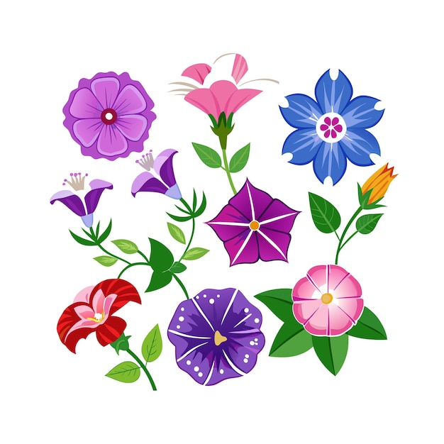 Un conjunto de hermosas ilustraciones vectoriales de estilo plano de flores