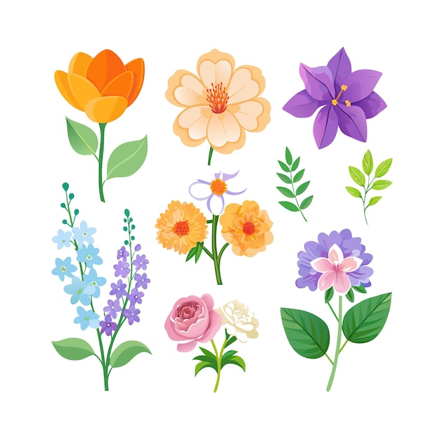 Un conjunto de hermosas ilustraciones vectoriales de estilo plano de flores
